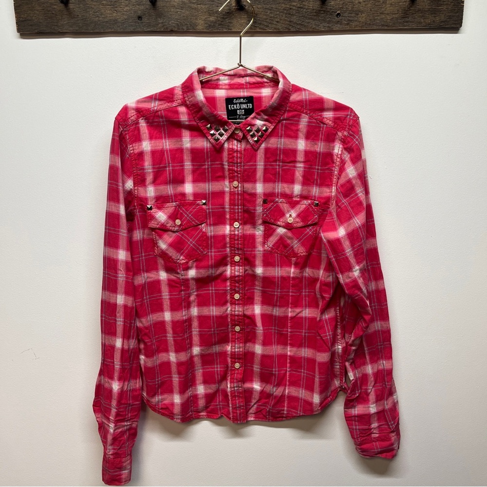 Ecko Red Ecko Unltd Button Up Women’s Shirt Plaid Red Studded Size X Large